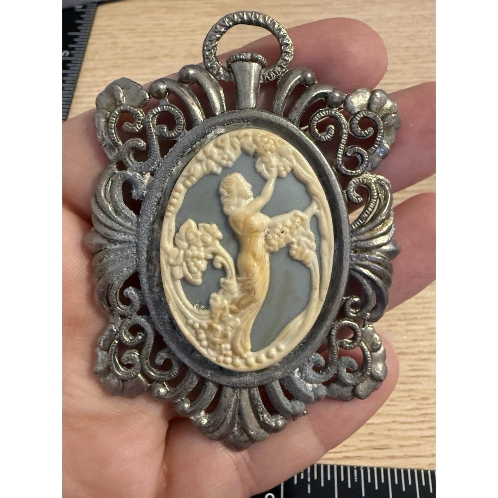Stunning Large Silver Tone Victorian Revival Blue And White Cameo Pendant